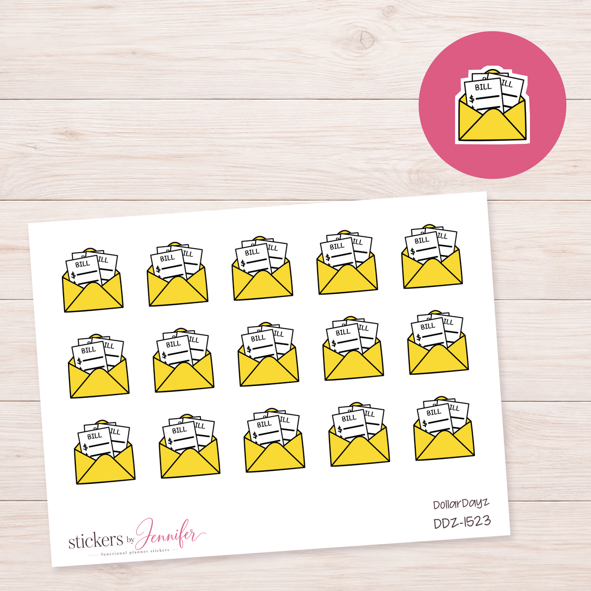Bright Yellow Bill Envelope Planner Stickers | DDZ-1523