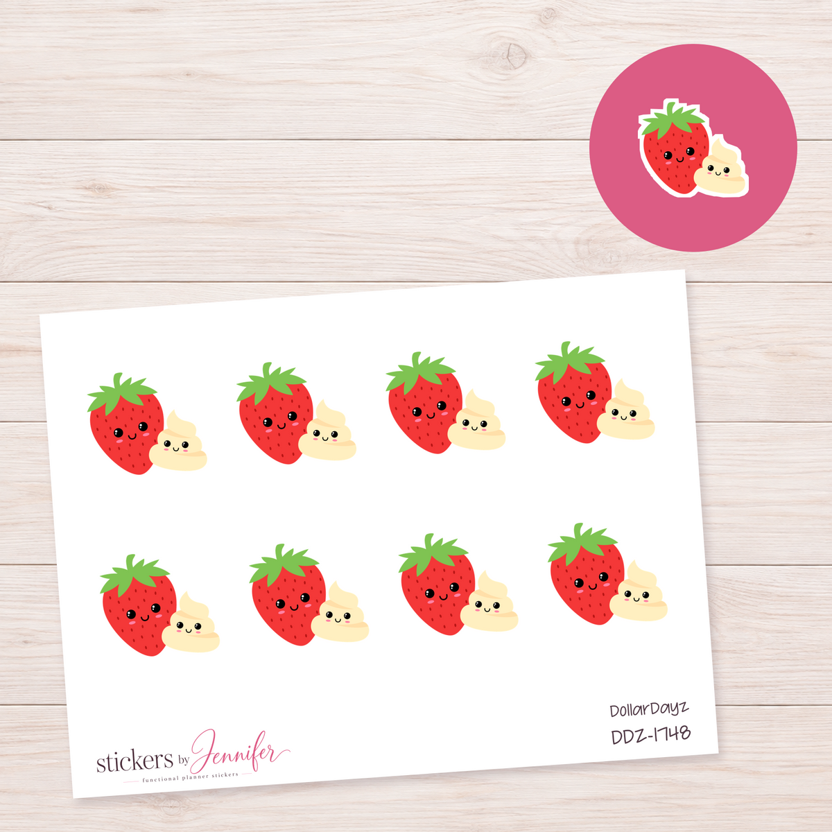 Smiling Strawberry and Cream Planner Stickers | DDZ-1748