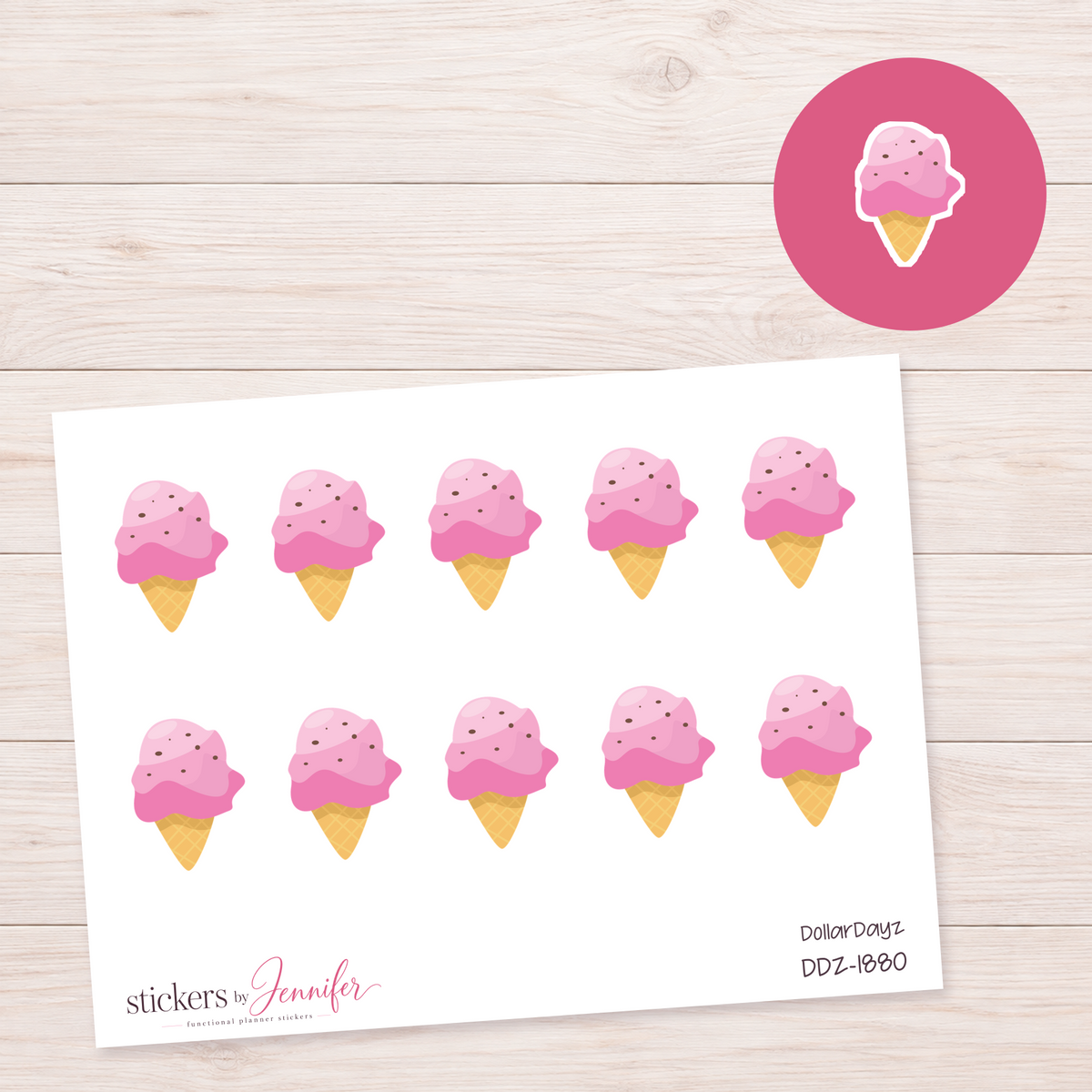 Pink Ice Cream Cone Planner Stickers | DDZ-1880