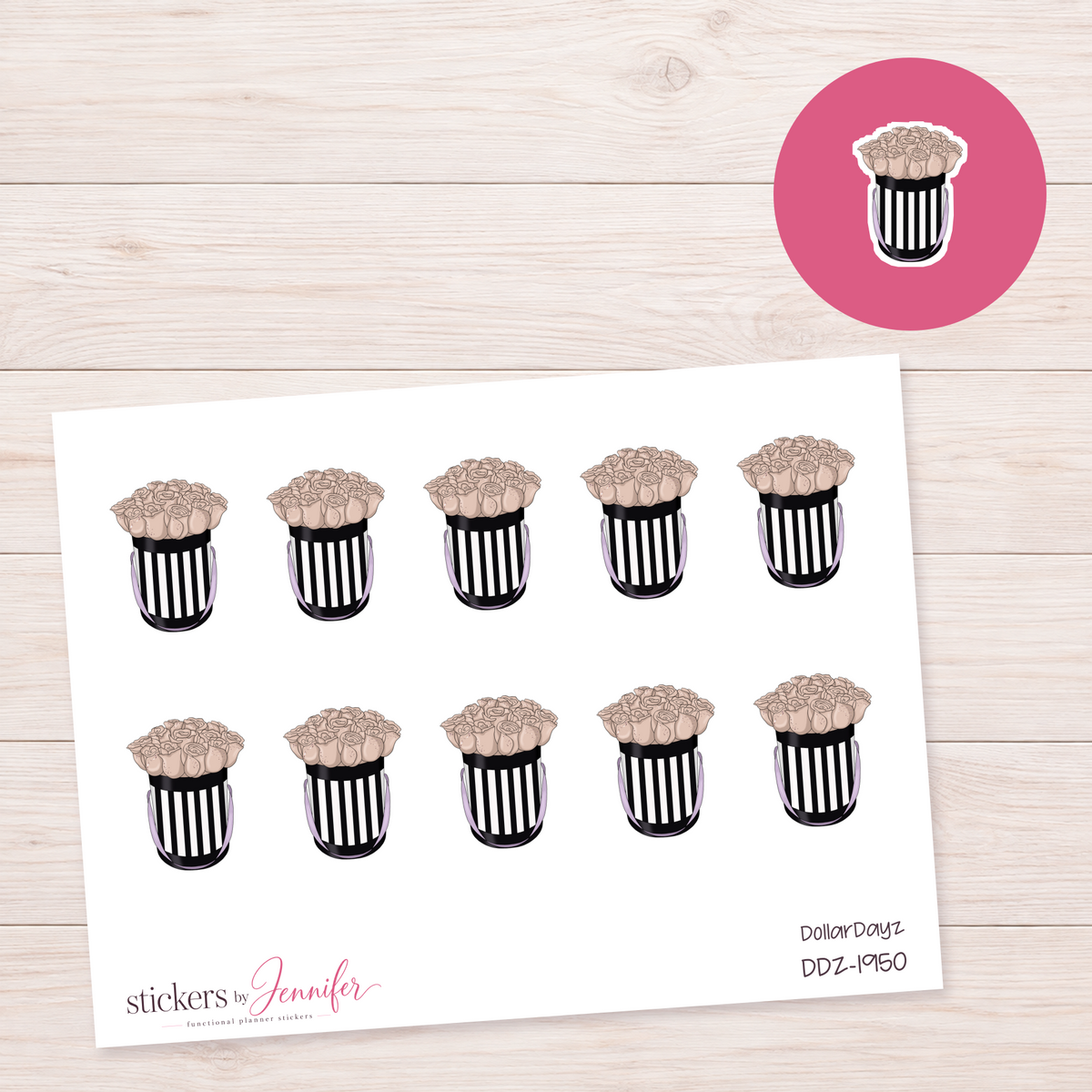 Roses in Striped Hatbox Planner Stickers | DDZ-1950