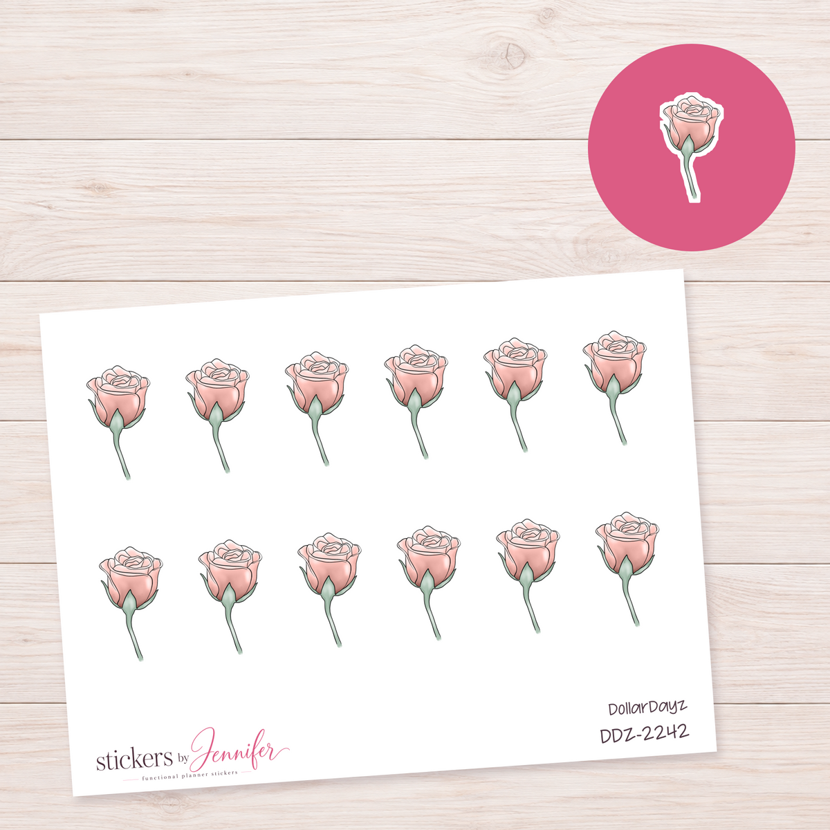 Pink Rosebud Stem Planner Stickers | DDZ-2242