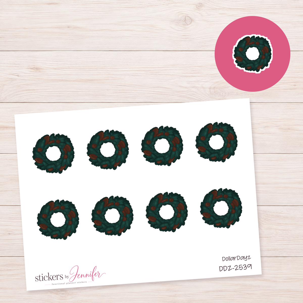 Green Pinecone Wreath Planner Stickers | DDZ-2539