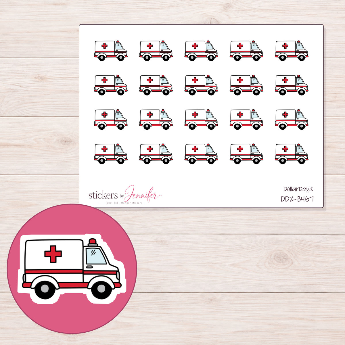 Ambulance Planner Stickers | DDZ-3467 — 4 × 3 inch sheet and enlarged sticker detail