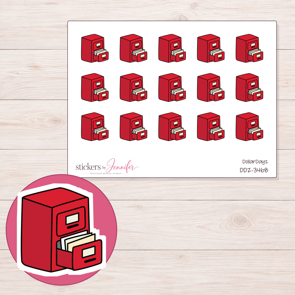File Archive Planner Stickers | DDZ-3468 — 4 × 3 inch sheet and enlarged sticker detail