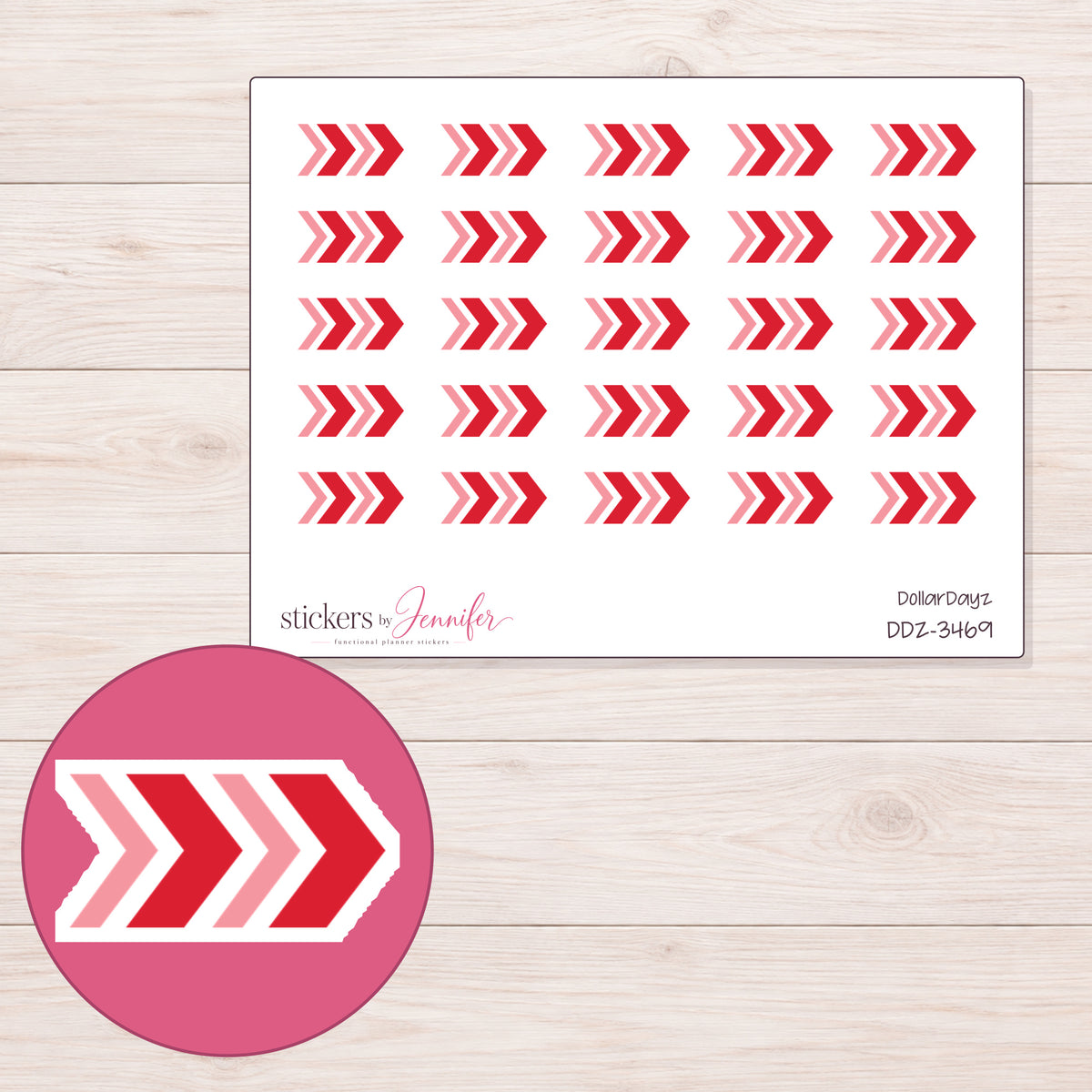 Arrow Planner Stickers | DDZ-3469 — 4 × 3 inch sheet and enlarged sticker detail