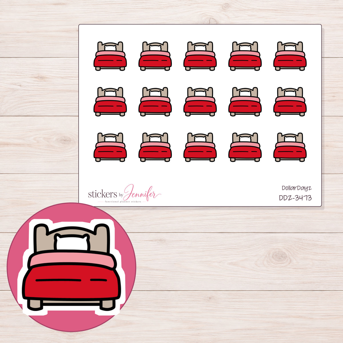 Bed Planner Stickers | DDZ-3473 — 4 × 3 inch sheet and enlarged sticker detail