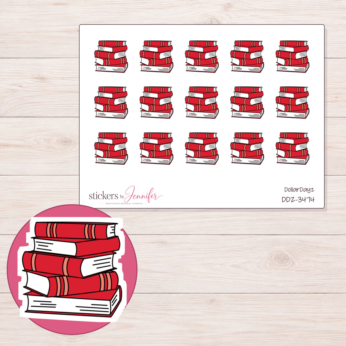 Books Planner Stickers | DDZ-3474 — 4 × 3 inch sheet and enlarged sticker detail