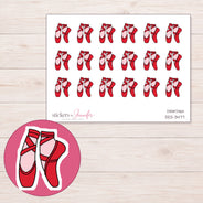 Ballet Shoes Planner Stickers | DDZ-3477 — 4 × 3 inch sheet and enlarged sticker detail
