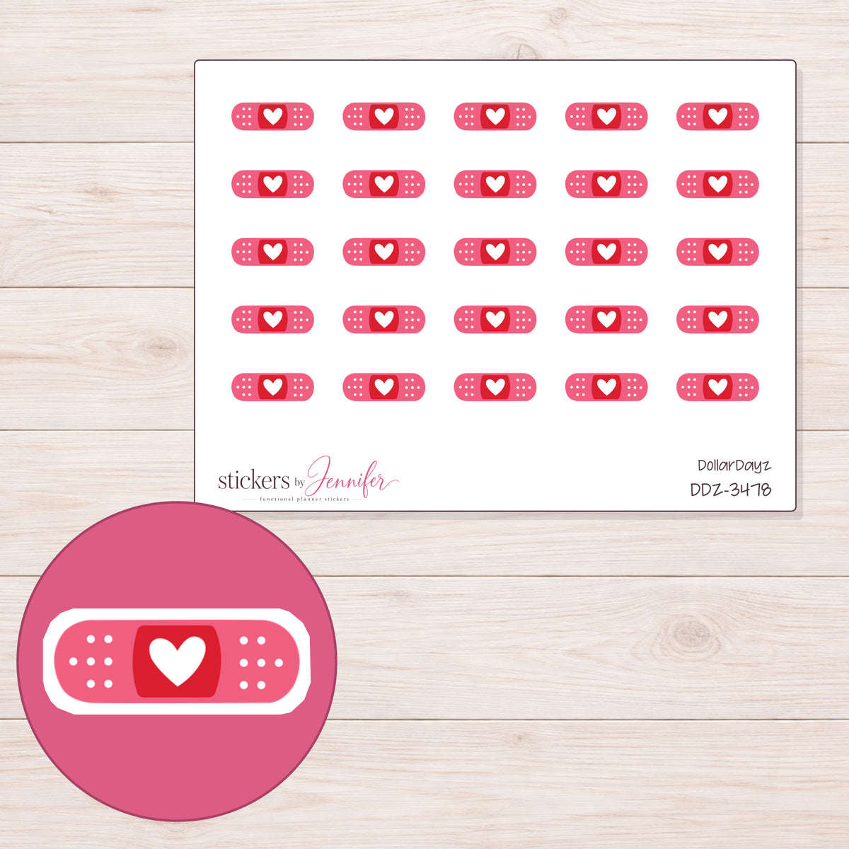 Pink Heart Bandage Planner Stickers | DDZ-3478 — 4 × 3 inch sheet and enlarged sticker detail