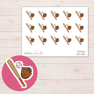 Baseball Bat, Ball & Glove Planner Stickers | DDZ-3487 — 4 × 3 inch sheet and enlarged sticker detail