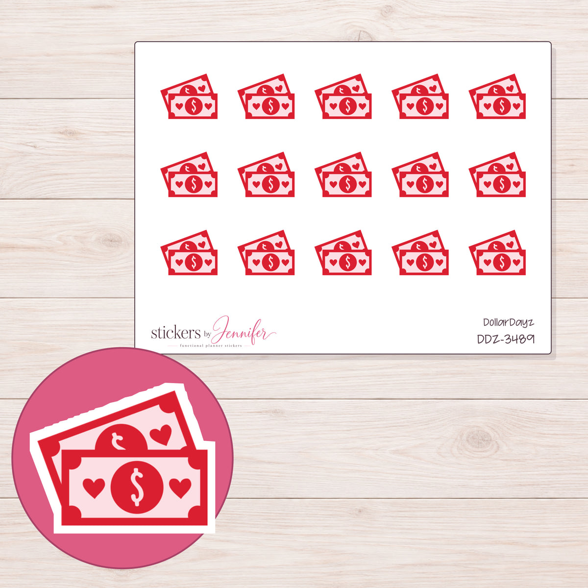 Bill Reminder Planner Stickers | DDZ-3489 — 4 × 3 inch sheet and enlarged sticker detail