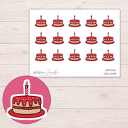 Birthday Cake Planner Stickers | DDZ-3490 — 4 × 3 inch sheet and enlarged sticker detail