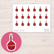 Birthday Cupcake Planner Stickers | DDZ-3491 — 4 × 3 inch sheet and enlarged sticker detail