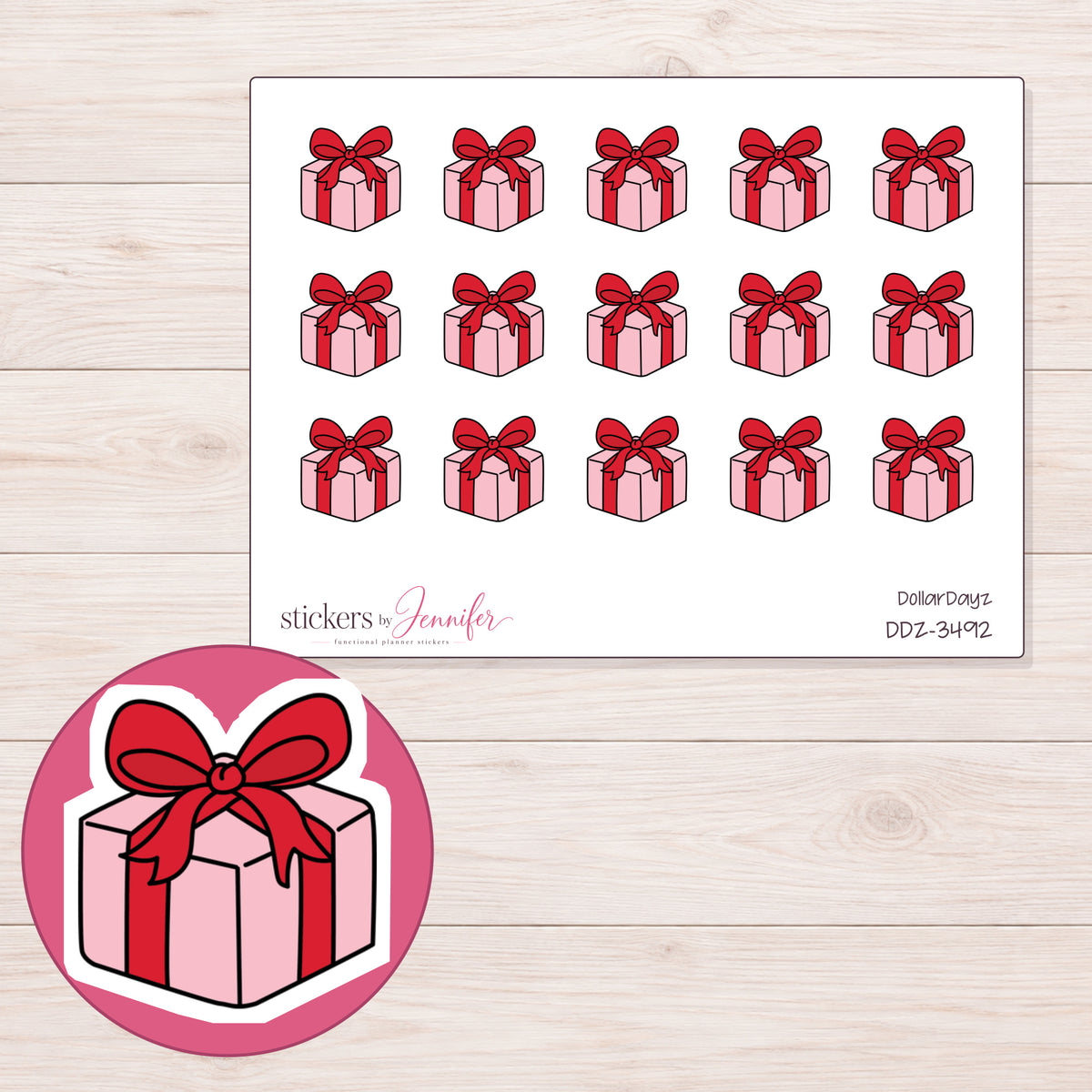 Birthday Gift Planner Stickers | DDZ-3492 — 4 × 3 inch sheet and enlarged sticker detail