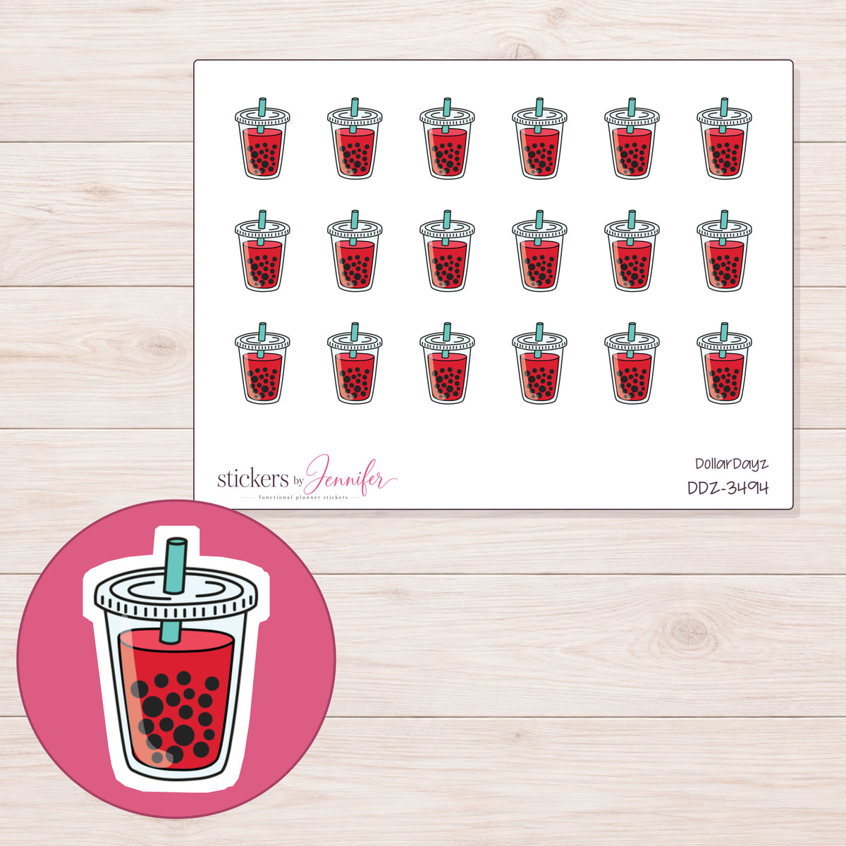 Boba Tea Planner Stickers | DDZ-3494 — 4 × 3 inch sheet and enlarged sticker detail