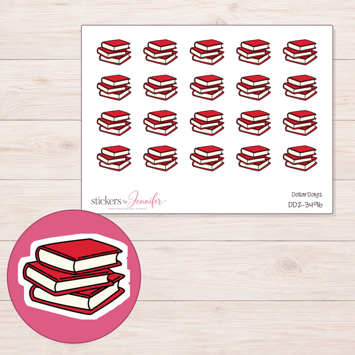 Books Planner Stickers | DDZ-3496 — 4 × 3 inch sheet and enlarged sticker detail