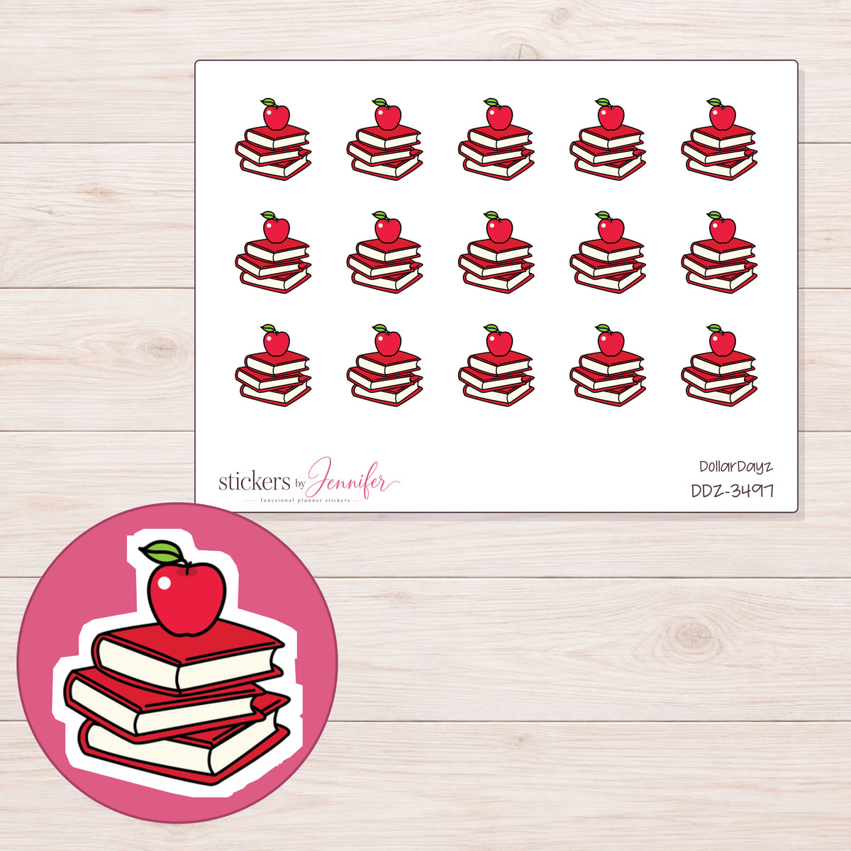 Books & Apple Planner Stickers | DDZ-3497 — 4 × 3 inch sheet and enlarged sticker detail