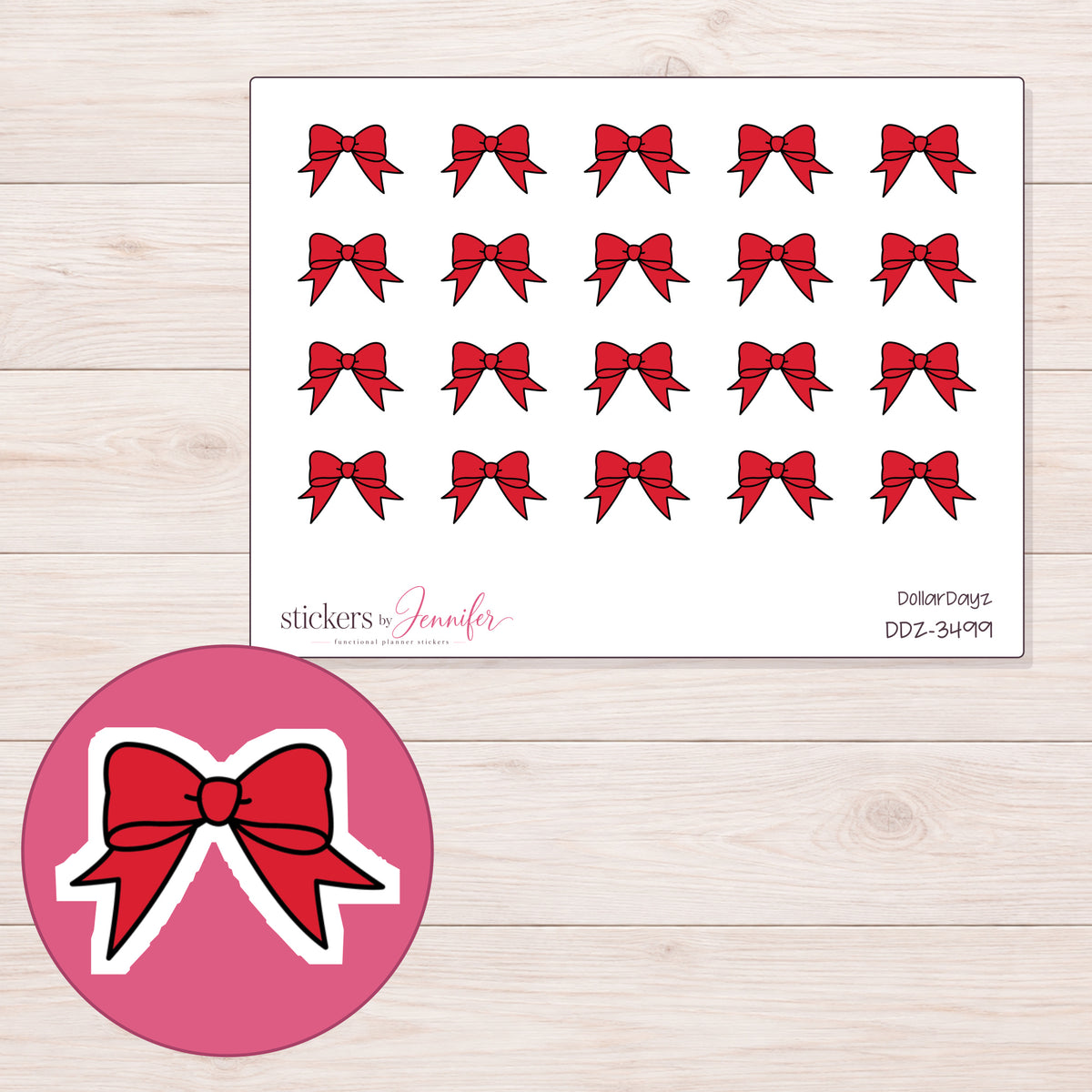 Red Ribbon Bow Planner Stickers | DDZ-3499 — 4 × 3 inch sheet and enlarged sticker detail