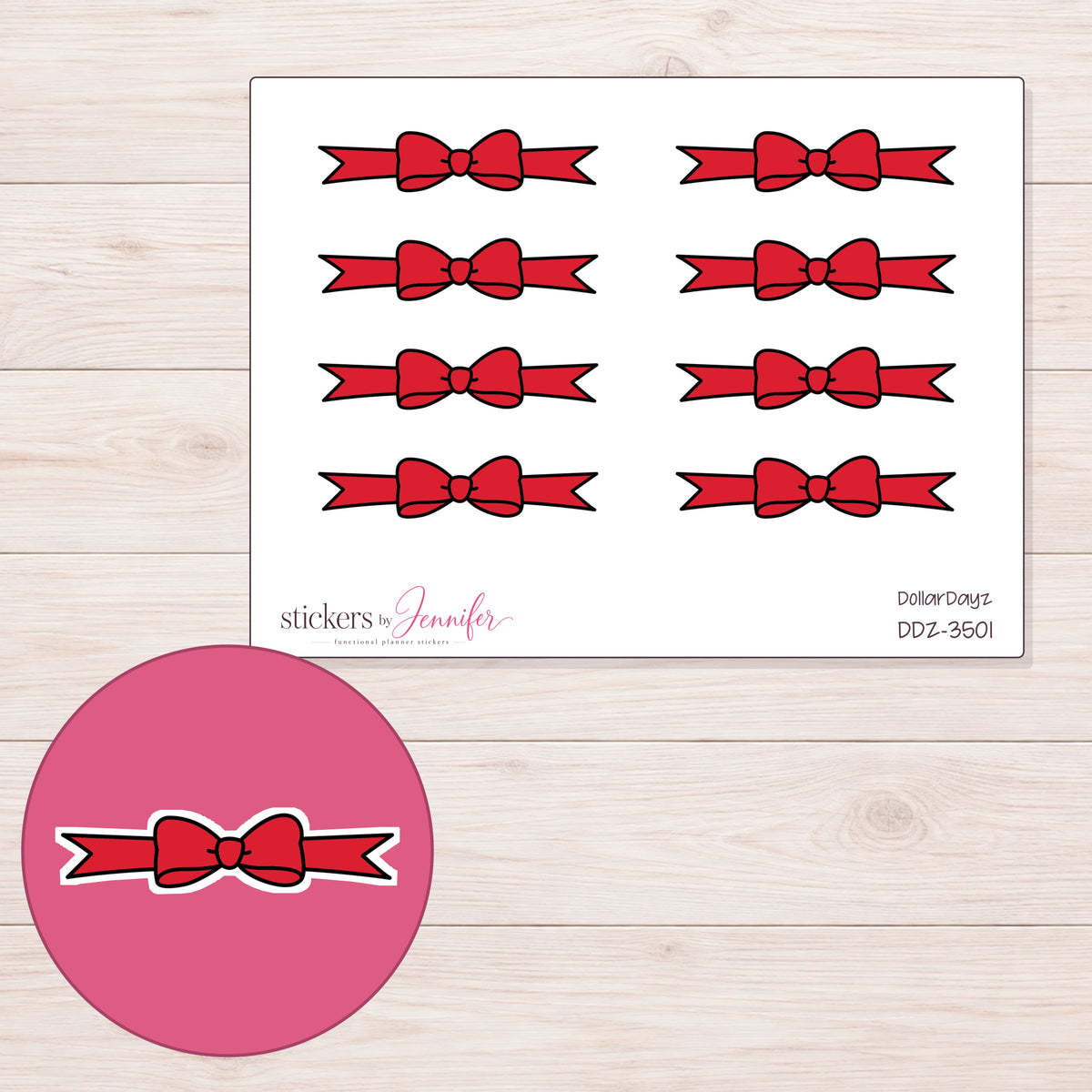 Red Bow Ribbon Divider Planner Stickers | DDZ-3501 — 4 × 3 inch sheet and enlarged sticker detail