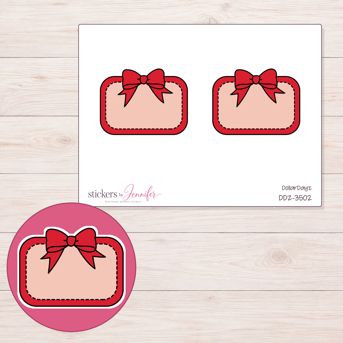 Red Bow Half Box Label Planner Stickers | DDZ-3502 — 4 × 3 inch sheet and enlarged sticker detail