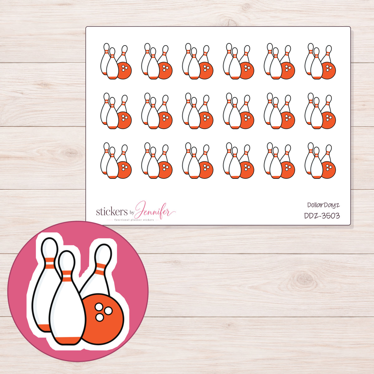 Bowling Planner Stickers | DDZ-3503 — 4 × 3 inch sheet and enlarged sticker detail