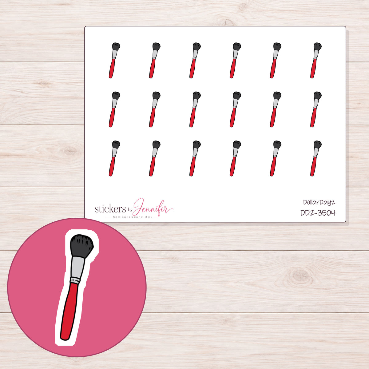 Red Makeup Brush Planner Stickers | DDZ-3504 — 4 × 3 inch sheet and enlarged sticker detail