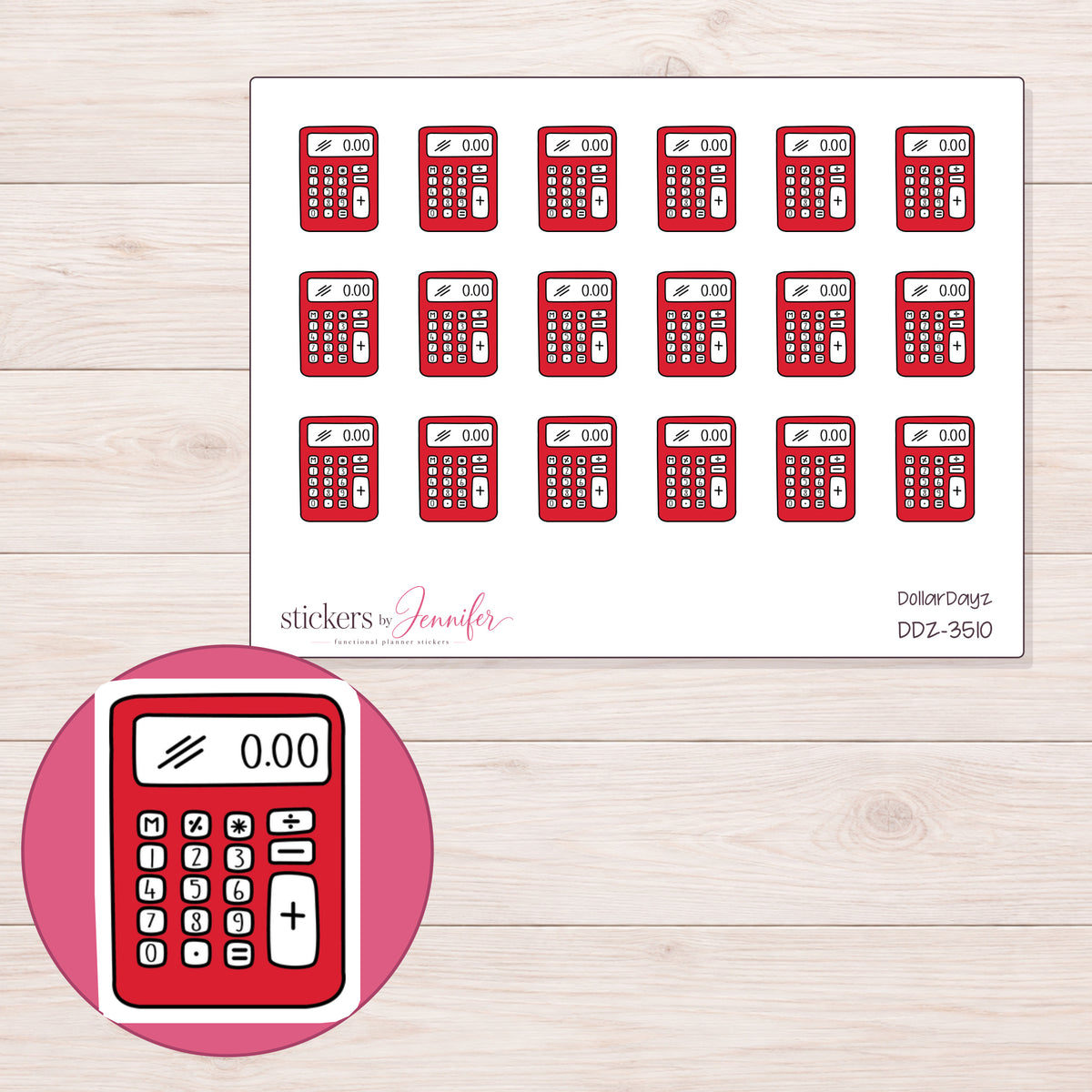 Calculator Planner Stickers | DDZ-3510 — 4 × 3 inch sheet and enlarged sticker detail