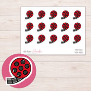 Red Film Reel Planner Stickers | DDZ-3512 — 4 × 3 inch sheet and enlarged sticker detail
