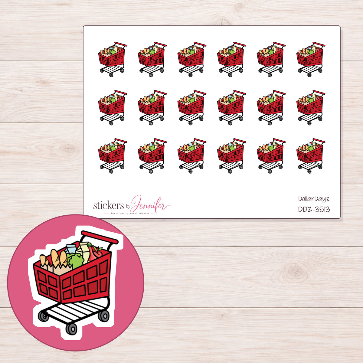 Shopping Cart Planner Stickers | DDZ-3513 — 4 × 3 inch sheet and enlarged sticker detail