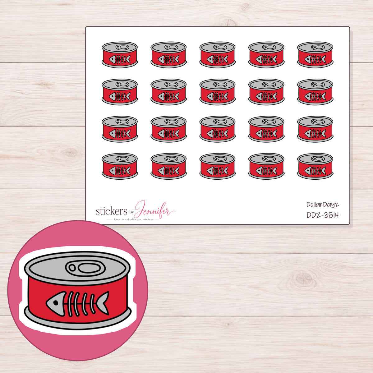 Cat Food Planner Stickers | DDZ-3514 — 4 × 3 inch sheet and enlarged sticker detail