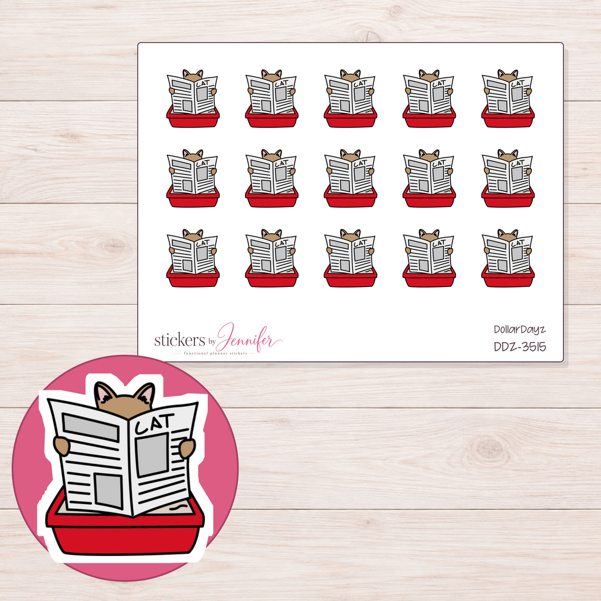 Cat Litter Box Planner Stickers | DDZ-3515 — 4 × 3 inch sheet and enlarged sticker detail