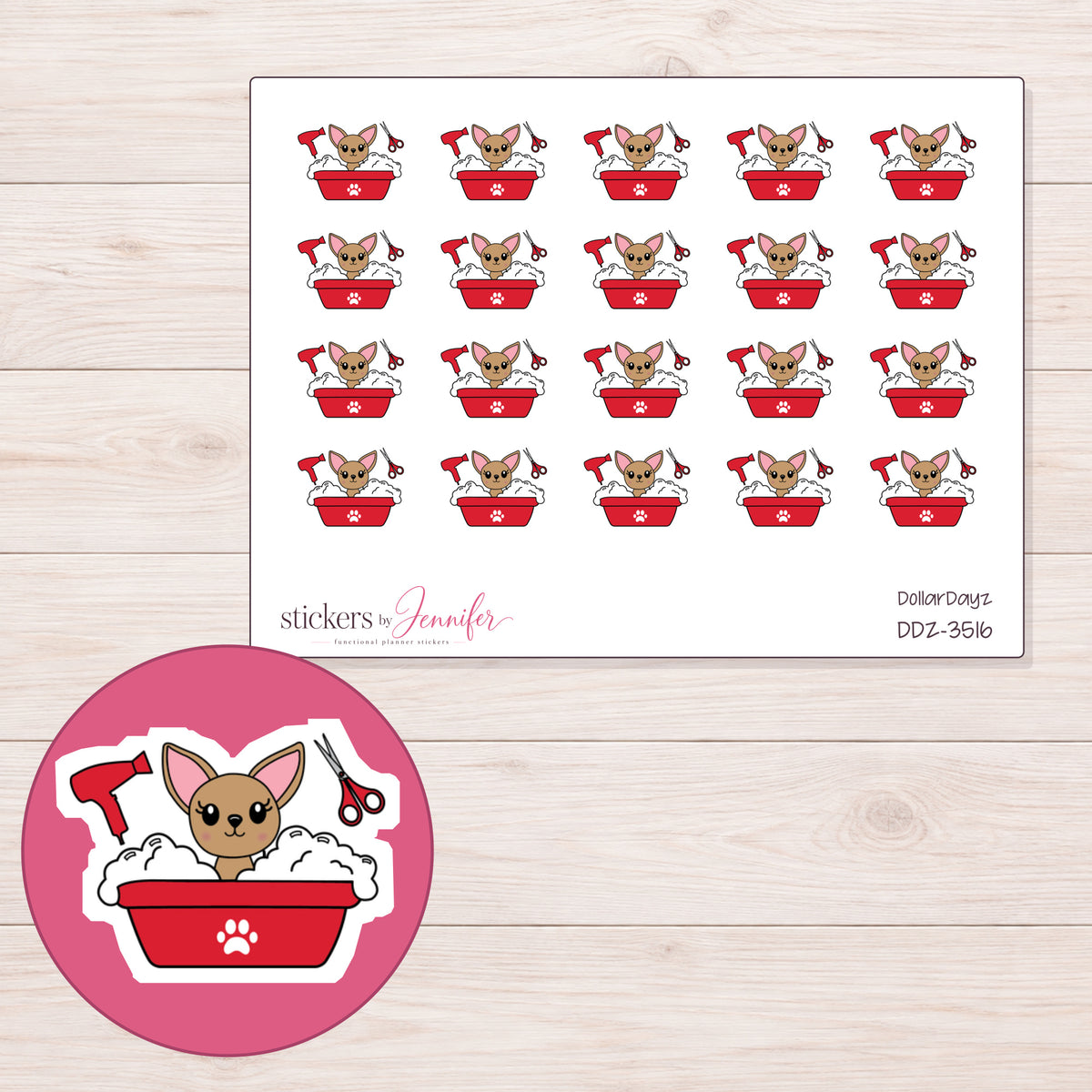 Chihuahua Grooming Planner Stickers | DDZ-3516 — 4 × 3 inch sheet and enlarged sticker detail