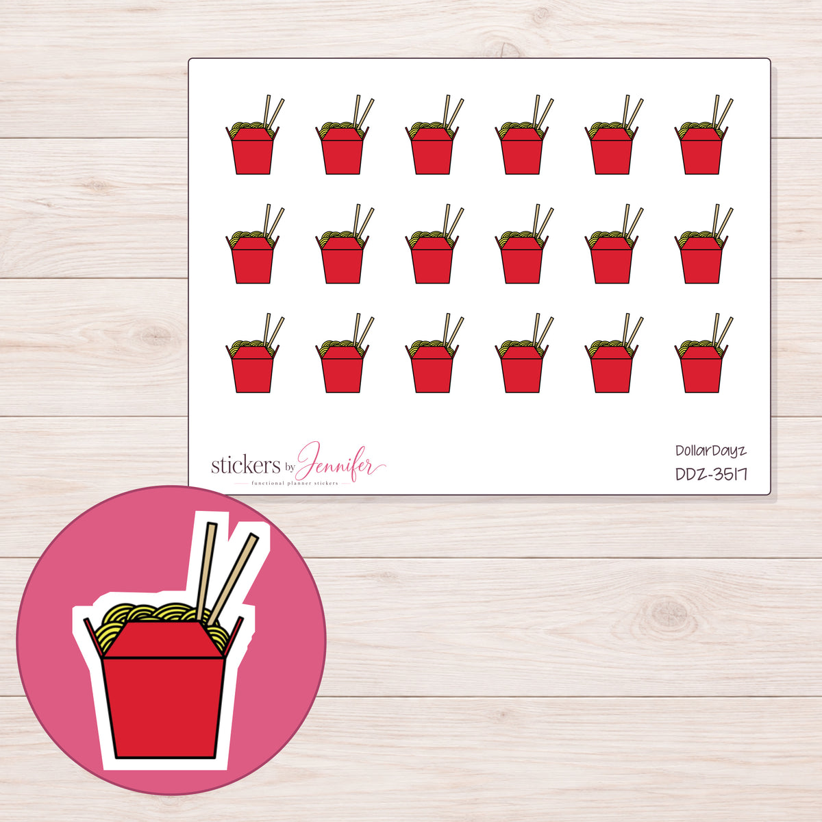 Chinese Takeout Planner Stickers | DDZ-3517 — 4 × 3 inch sheet and enlarged sticker detail