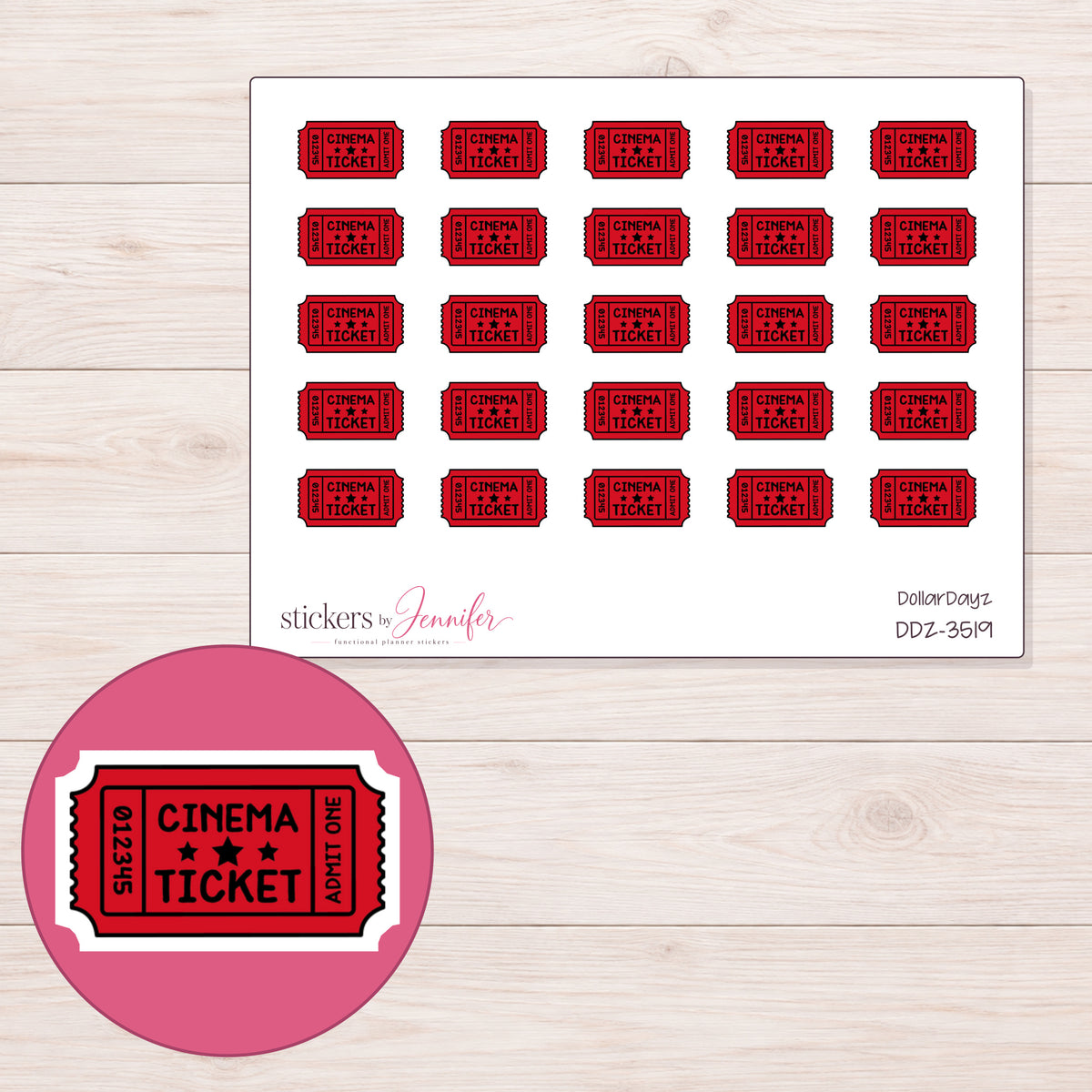 Cinema Ticket Planner Stickers | DDZ-3519 — 4 × 3 inch sheet and enlarged sticker detail