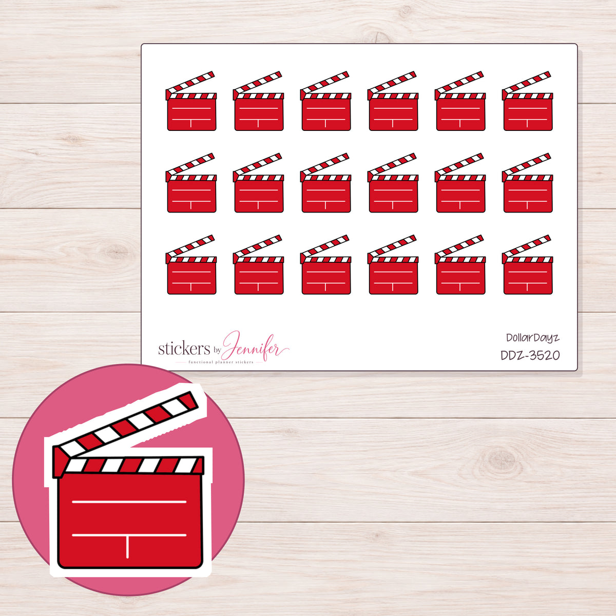 Clapperboard Planner Stickers | DDZ-3520 — 4 × 3 inch sheet and enlarged sticker detail