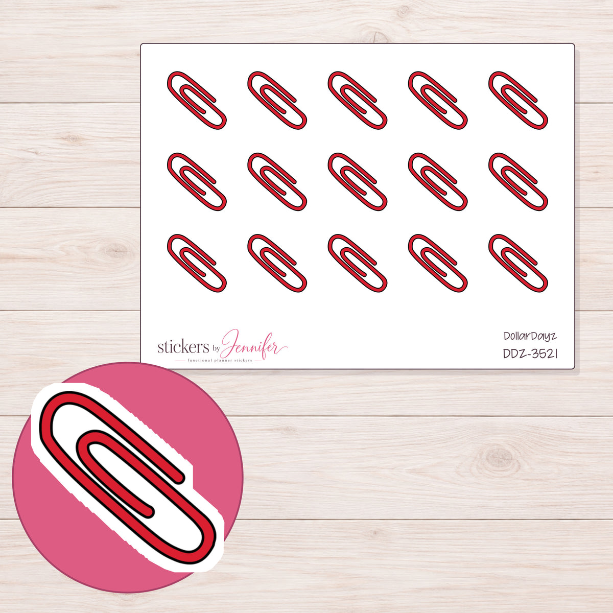 Paper Clip Planner Stickers | DDZ-3521 — 4 × 3 inch sheet and enlarged sticker detail
