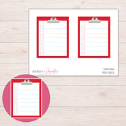 Red Clipboard Checklist Planner Stickers | DDZ-3522 — 4 × 3 inch sheet and enlarged sticker detail