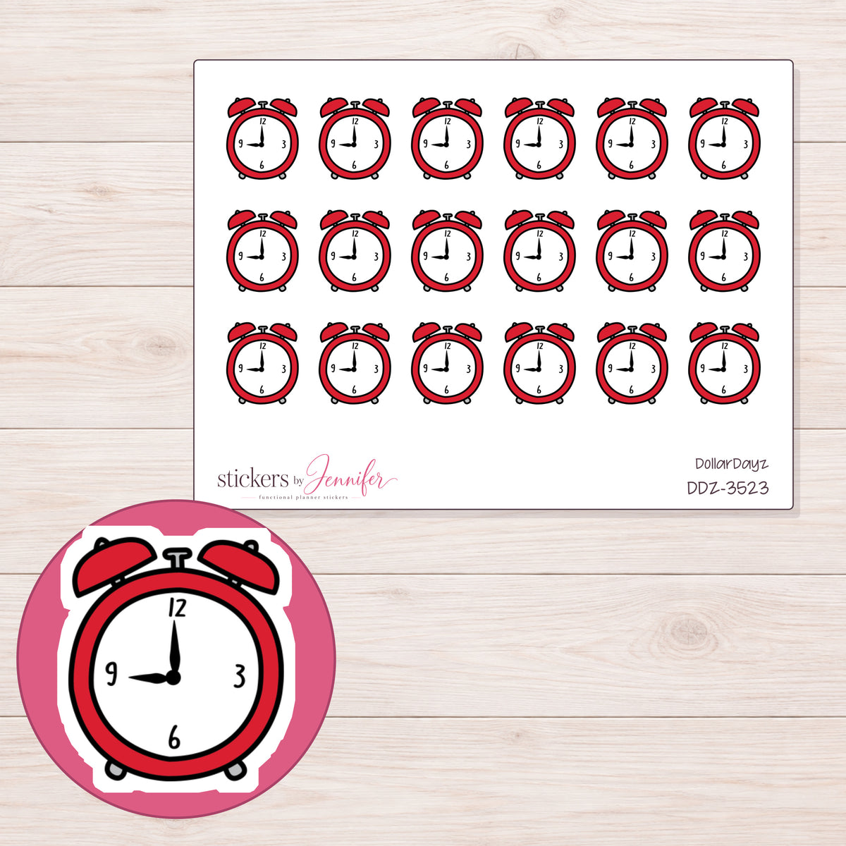 Clock Planner Stickers | DDZ-3523 — 4 × 3 inch sheet and enlarged sticker detail