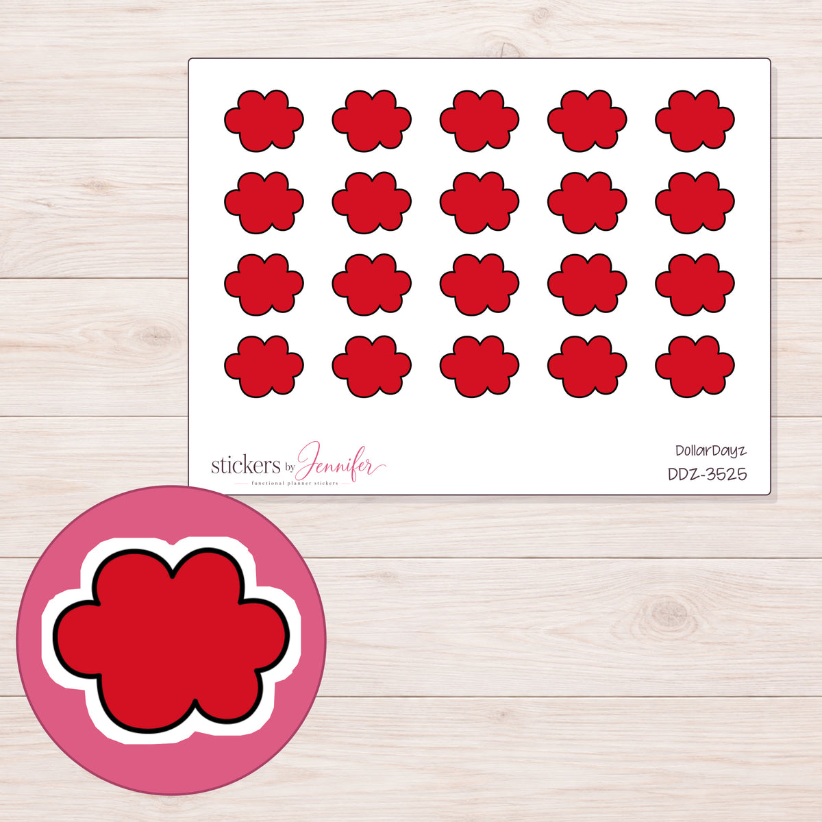 Red Cloud Planner Stickers | DDZ-3525 — 4 × 3 inch sheet and enlarged sticker detail