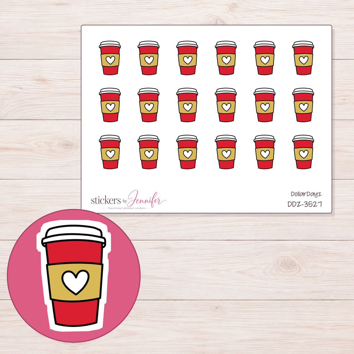 Red Heart Takeaway Coffee Cup Planner Stickers | DDZ-3527 — 4 × 3 inch sheet and enlarged sticker detail