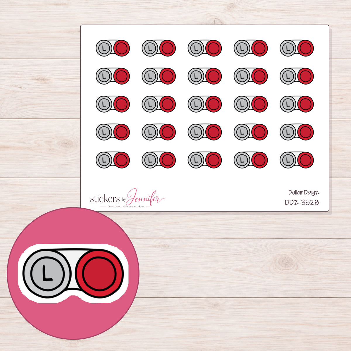Red Contact Lens Case Planner Stickers | DDZ-3528 — 4 × 3 inch sheet and enlarged sticker detail