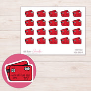 Red Credit Card Planner Stickers | DDZ-3529 — 4 × 3 inch sheet and enlarged sticker detail