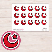 Red Crescent Moon and Star Planner Stickers | DDZ-3530 — 4 × 3 inch sheet and enlarged sticker detail