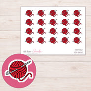 Red Yarn Ball and Crochet Hook Planner Stickers | DDZ-3532 — 4 × 3 inch sheet and enlarged sticker detail