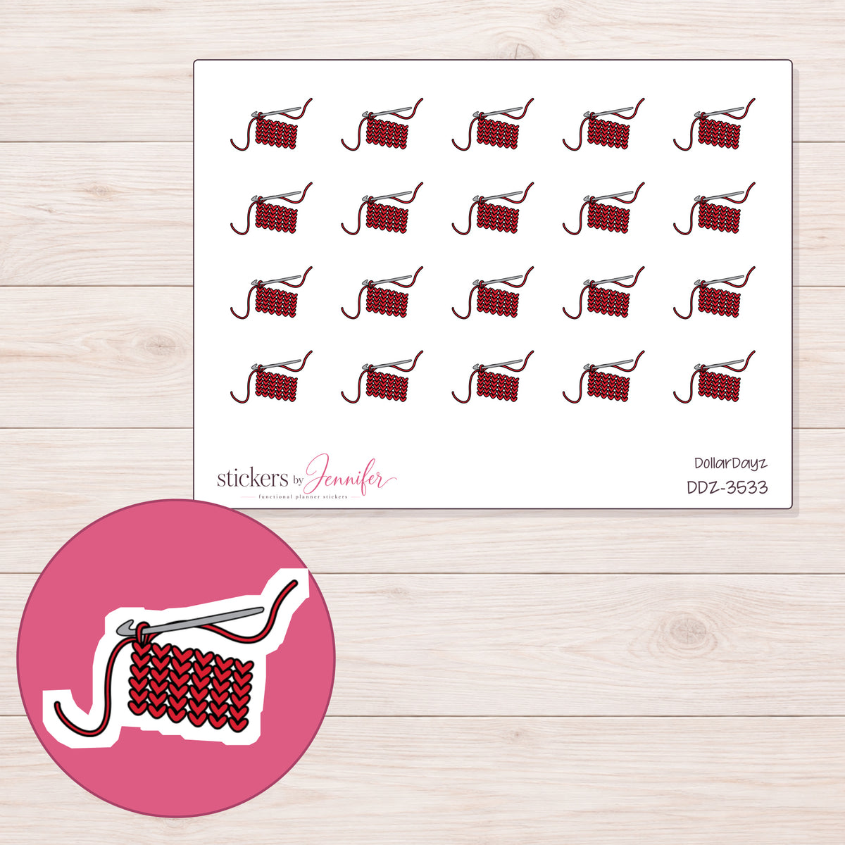 Red Crochet Project Planner Stickers | DDZ-3533 — 4 × 3 inch sheet and enlarged sticker detail