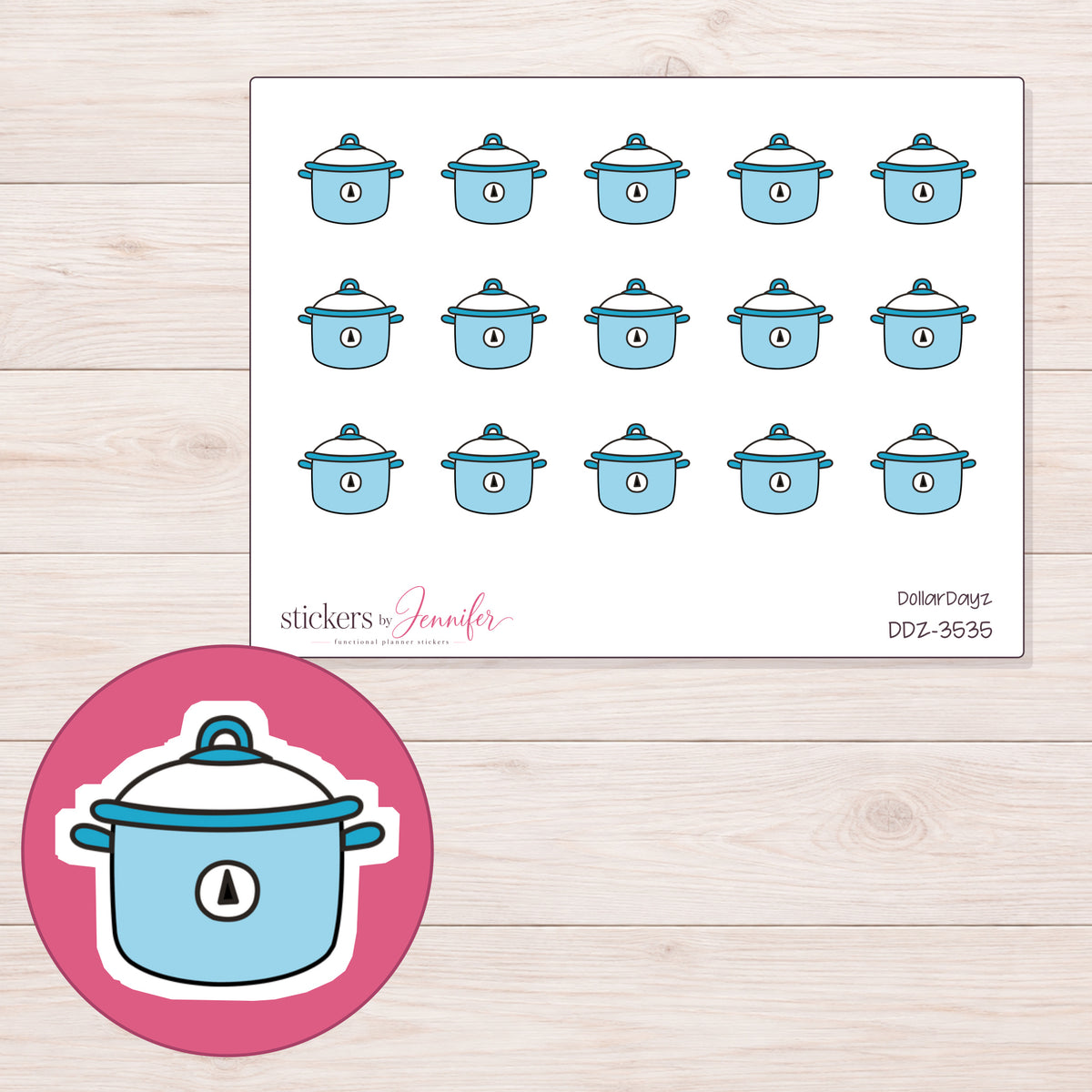 Blue Slow Cooker Planner Stickers | DDZ-3535 — 4 × 3 inch sheet and enlarged sticker detail