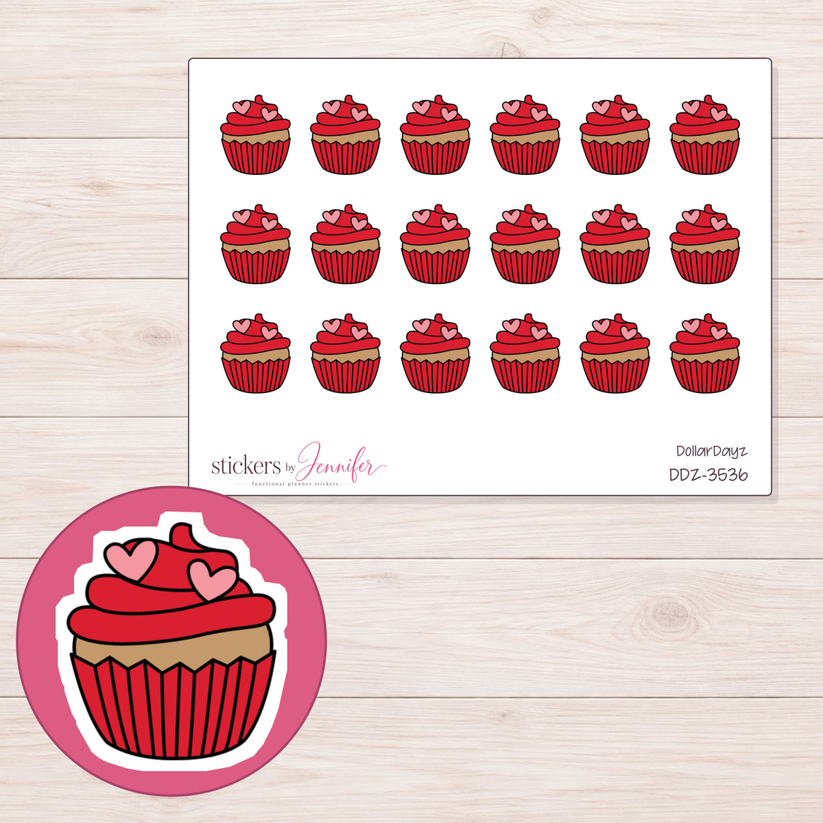 Red Heart Cupcake Planner Stickers | DDZ-3536 — 4 × 3 inch sheet and enlarged sticker detail