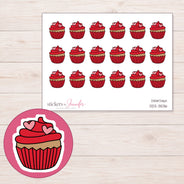 Red Heart Cupcake Planner Stickers | DDZ-3536 — 4 × 3 inch sheet and enlarged sticker detail