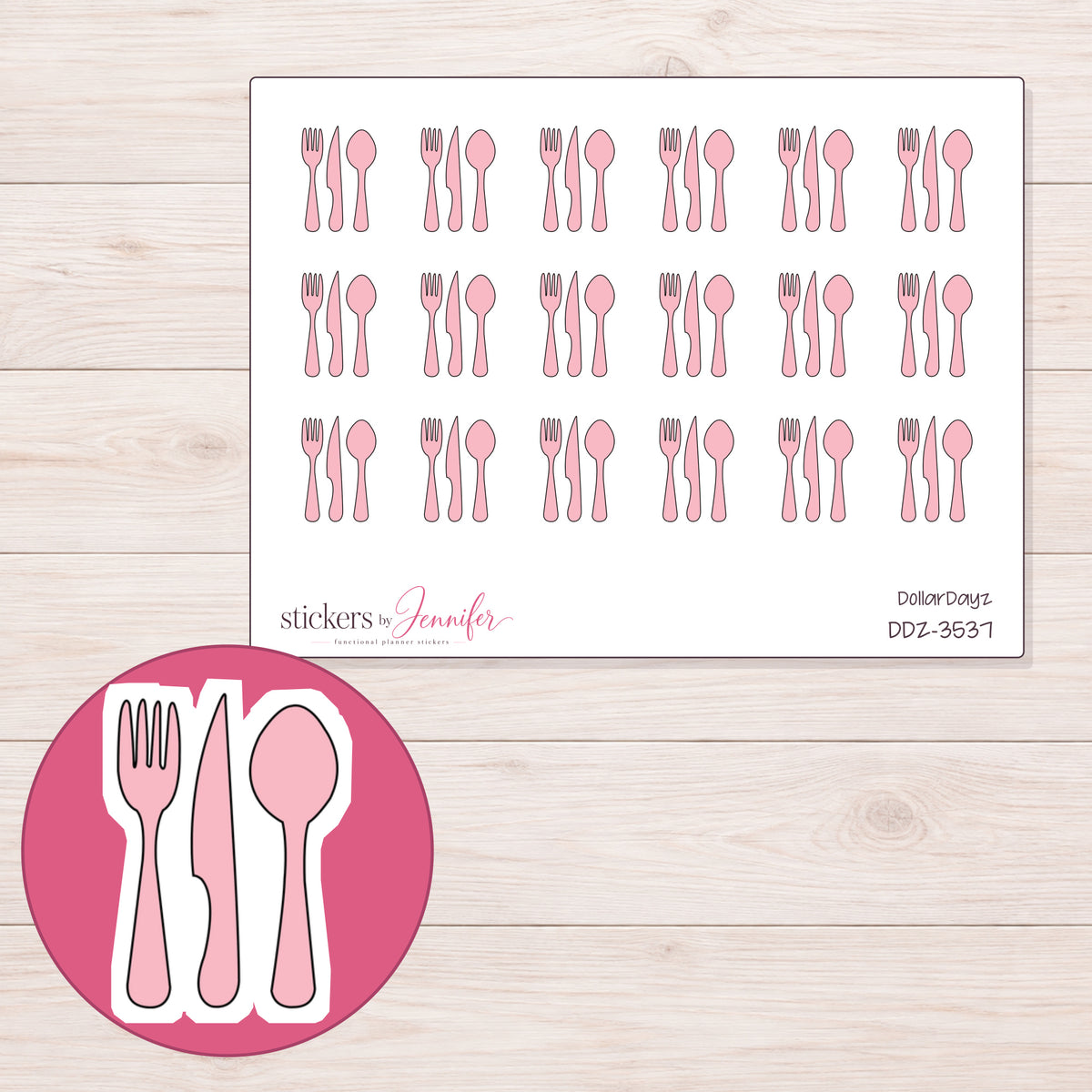 Pink Outline Cutlery Planner Stickers | DDZ-3537 — 4 × 3 inch sheet and enlarged sticker detail