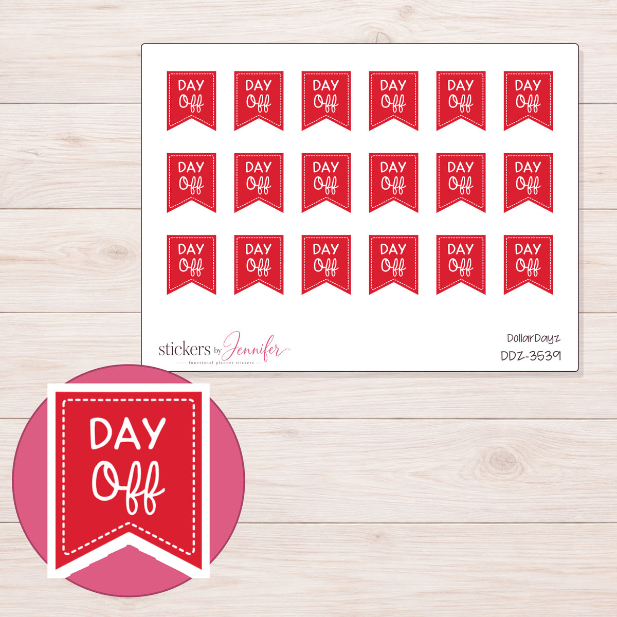 Red Day Off Banner Planner Stickers | DDZ-3539 — 4 × 3 inch sheet and enlarged sticker detail